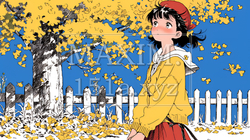 水辺の紅葉の小径を散策している若い女性｜5917651-7372