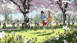 満開の桜の木の下で遊ぶ子供たち｜5918755-11295