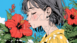ハイビスカスと若い女性｜6067255-9757