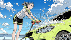 晴れた日に洗車をする若い女性｜青空と水しぶきの爽やかなライフスタイルシーン | 5924582-17729