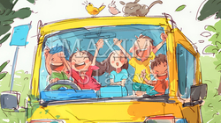 小学生の夏の思い出：ドライブ（クレヨン＋水彩画風）