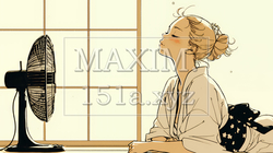 暑い夏の昼下がり、扇風機にあたって涼んでいる若い女性（シンプルな色使い）