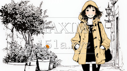 夏の急な雨をレインコートで歩く若い女性（シンプルな色使い）