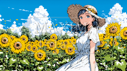 真夏の青空のもと、ヒマワリ畑を散策している若い女性