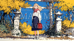 紅葉の小径を歩く若い女性