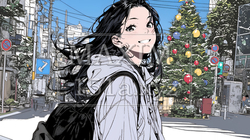 ホワイトクリスマスの街を歩く若い女性 | 5951265-6636