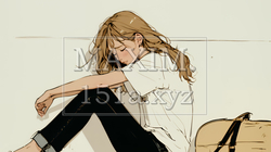 腹痛（生理痛）に苦しむ若い女性（シンプルな色使い）