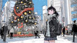 ホワイトクリスマスの街を歩く若い女性 | 5965332-6628