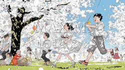 満開の桜の木の下で遊ぶ子供たち