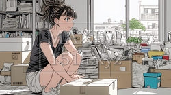 家の中（事務所）を大々的に整理している女性：断捨離 | 5994154-7933