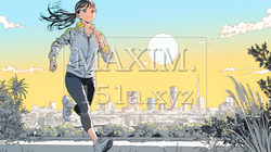 夕方の街並みを背景にジョギングをする若い女性