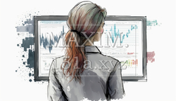 モニターに表示された株価チャートと注文画面を見つめる女性トレーダーの後ろ姿。 | 6002730-3876