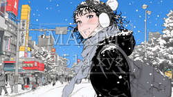 雪の積もる冬の都会を散策している若生女性
