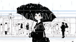 雨の中を歩く女性（シンプルな色使い）