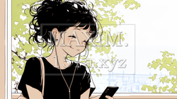 嬉しそうな表情でスマホを使っている女性（シンプルな色使い） | 6035500-11457