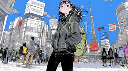 雪の積もる冬の都会を散策している若生女性 | 603922-12976