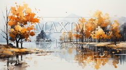 木々の紅葉が水面に映る美しい水辺の風景：水彩画 | 6053730-18693
