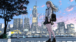 高層ビル群を見下ろすキャリア女性 | 6063316-14104