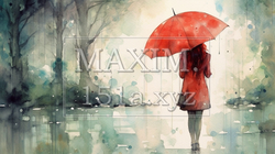 雨降りの公園を傘をさした若い女性が歩いている風景：　水彩画 | 6075083-18521
