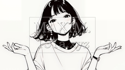 肩をすくめて困惑・諦めの仕草をしている若い女性（シンプルな色使い） | 6080317-14624