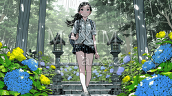 あじさいとカジュアルな服装の若い女性｜6100656-9296