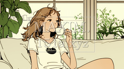 リビングで紅茶を飲んでいる女性（シンプルな色使い） | 608661-11821