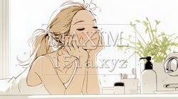 洗面所で朝の洗顔をする女性（シンプルな色使い） | 6090339-16862