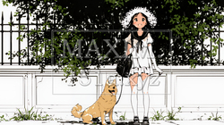 愛犬と散歩している若い女性（シンプルな色使い）｜6059091-10913