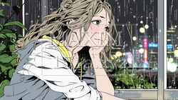 思案・反省・諦め；窓から流れ落ちる雨粒を見つめる若い女性 | 6094248-15321