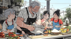 おじいさんが孫と一緒に料理を楽しそうに作っている | 609827-8252