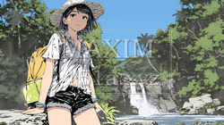 山原を一人で散策している若い女性