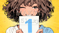 数字の「1」を掲げている若い女性 | 6099481-15456