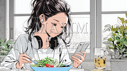 食事の最中もスマホを手放せない若い女性 | 6099734-12532