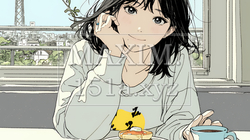 早朝のダイナー（喫茶店）でパンケーキ（モーニングセット）を食べる若い女性｜6048662-15633