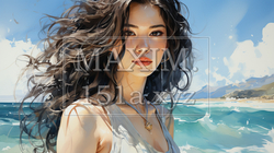 南国の青い空の下、美しい浜辺を歩く若い女性：水彩画 | 6124818-18532