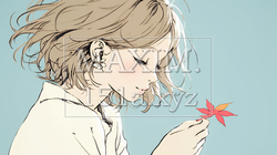 落ち葉をつまんで眺める若い女性｜秋を感じる女性のイラスト（パステル調）｜6009656-20502