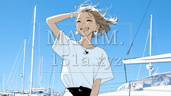 沖縄のヨットハーバーに立つ若い女性（シンプルな色使い） | 6138814-15237