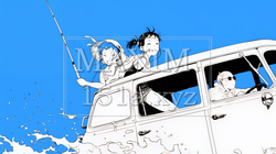 夏休みの思い出：友達と-ウォーターフォーディング（水辺のドライブ）（シンプルな色使い）