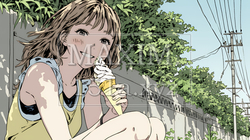 夏空の下でソフトクリーム（コーンに乗ったアイスクリーム）をたべる若い女性｜6403557-9942