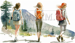 山にハイキングに来ている仲の良い若い女友達：水彩画 | 6169301-4362