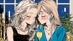 女子会：気の合う女友達が集まり、酒を交わし、おいしい食事をしながら、仕事の話や恋バナをしている