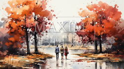 恋人達がいる秋の公園：木々が色づいている水彩画 | 6173605-18663