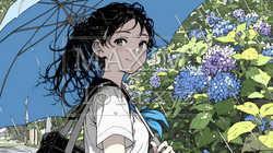 アジサイと梅雨の長雨と若い女性｜6181409-9267