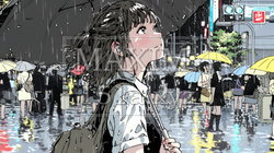 雨の中を傘をさして歩く若い女性
