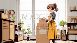 引っ越しの荷造り・荷解きをしている若い女性 | 6192144-14943