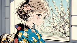 満開の梅の花と和服姿の若い女性 | 6205181-14729