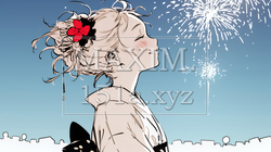 打ち上げ花火を見ている浴衣を着た若い女性（シンプルな色使い） | 6206064-10805