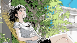 のんびり・ゆったり：夏の昼下がり木陰のハンモックで寛いでいる若い女性｜6240471-5717