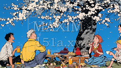 満開の桜の下で仲間たちと花見宴会｜6215178-6292