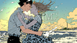 夕方の海辺でハグする（抱き合う）若い恋人たち｜6224433-6982